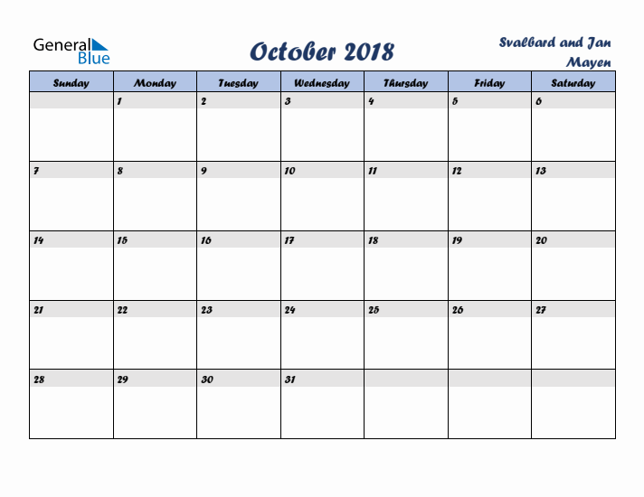 October 2018 Calendar with Holidays in Svalbard and Jan Mayen