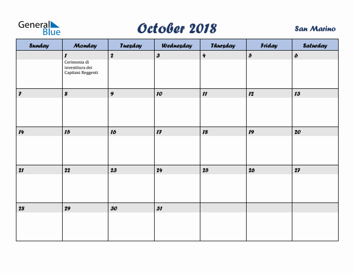 October 2018 Calendar with Holidays in San Marino