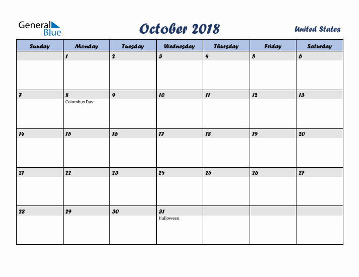 October 2018 Calendar with Holidays in United States