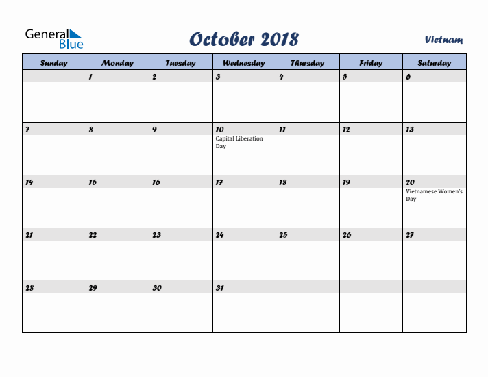 October 2018 Calendar with Holidays in Vietnam