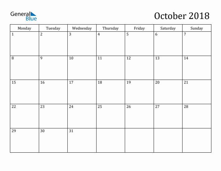 October 2018 Calendar