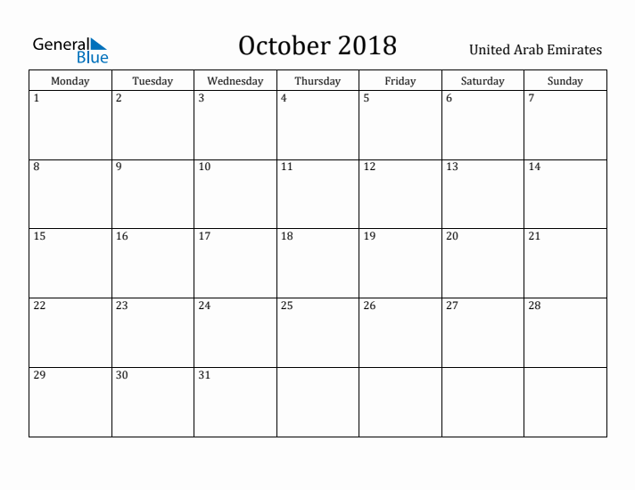 October 2018 Calendar United Arab Emirates