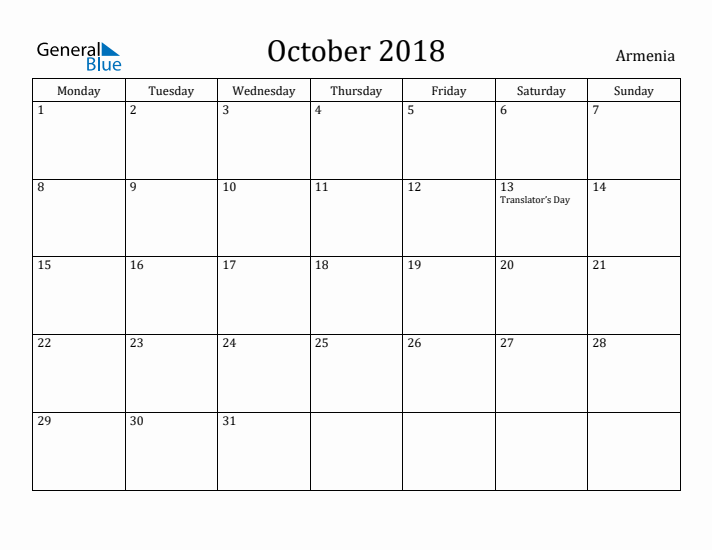 October 2018 Calendar Armenia