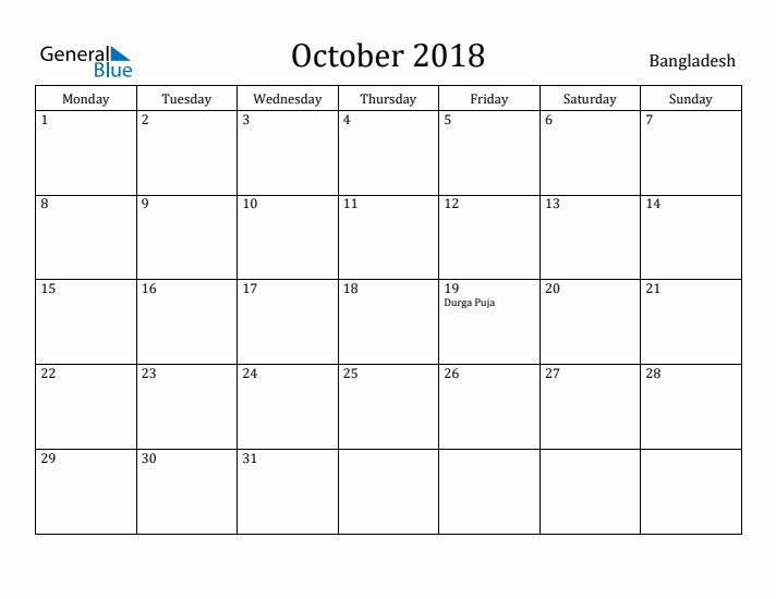 October 2018 Calendar Bangladesh