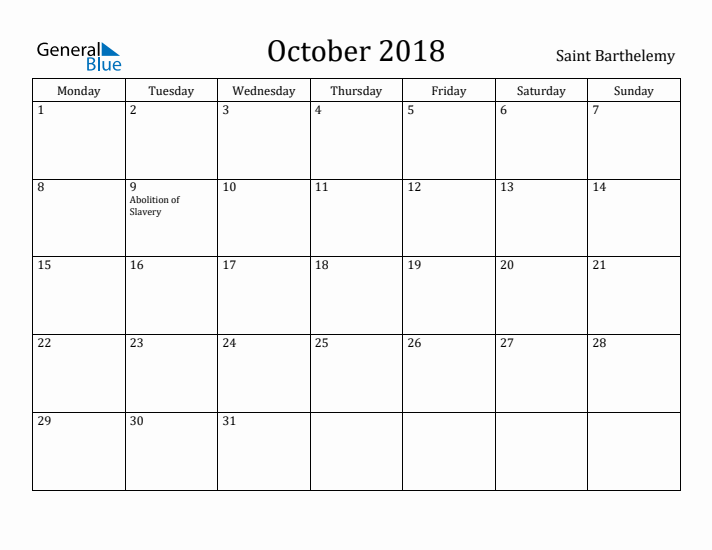 October 2018 Calendar Saint Barthelemy