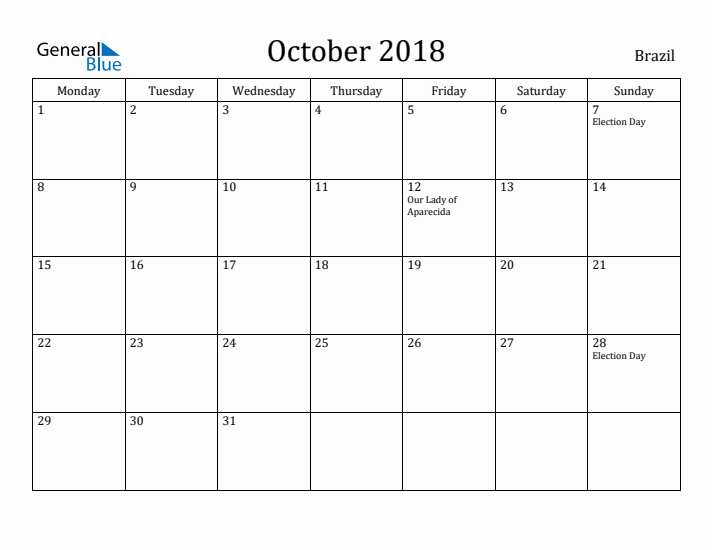 October 2018 Calendar Brazil