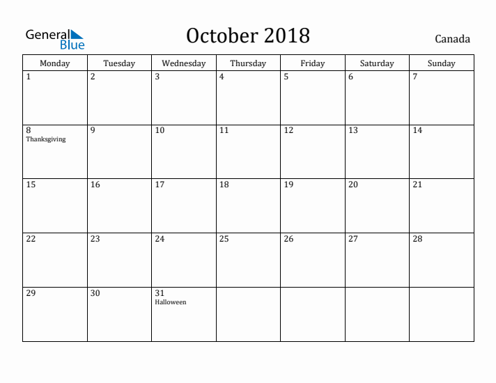 October 2018 Calendar Canada