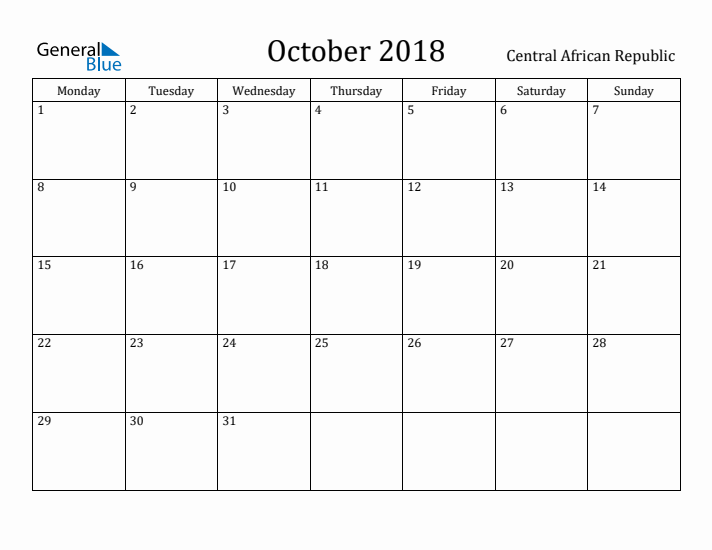 October 2018 Calendar Central African Republic