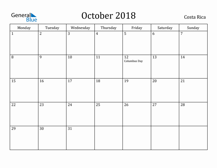 October 2018 Calendar Costa Rica