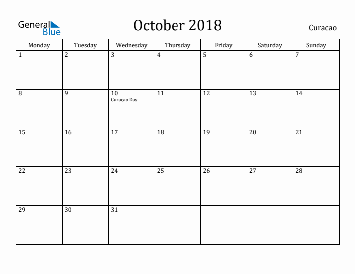 October 2018 Calendar Curacao
