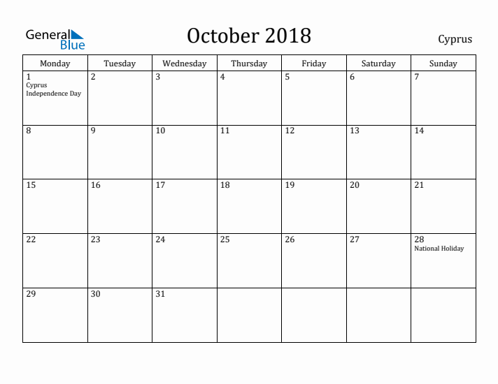 October 2018 Calendar Cyprus