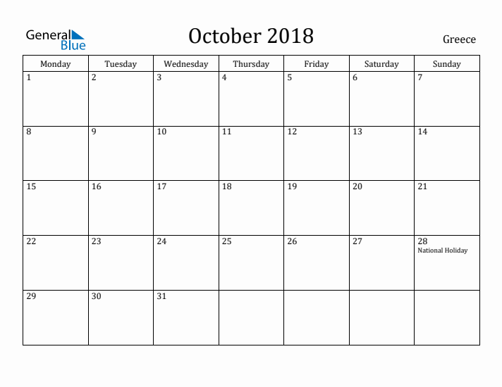 October 2018 Calendar Greece