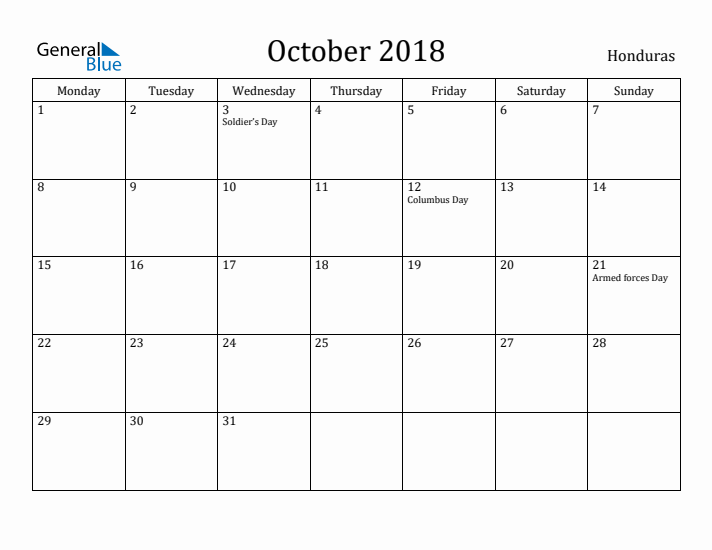 October 2018 Calendar Honduras