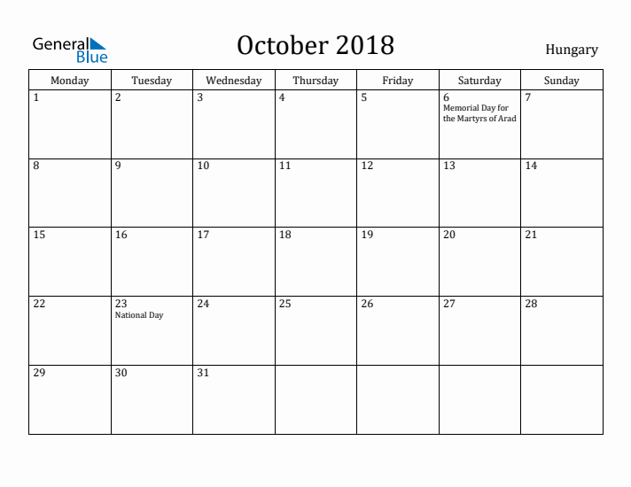 October 2018 Calendar Hungary