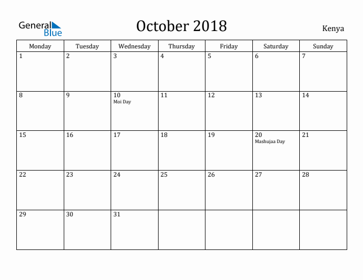 October 2018 Calendar Kenya