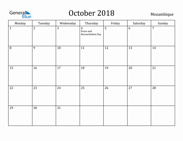October 2018 Calendar Mozambique