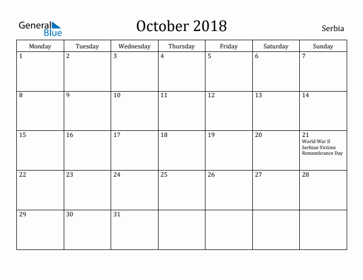 October 2018 Calendar Serbia