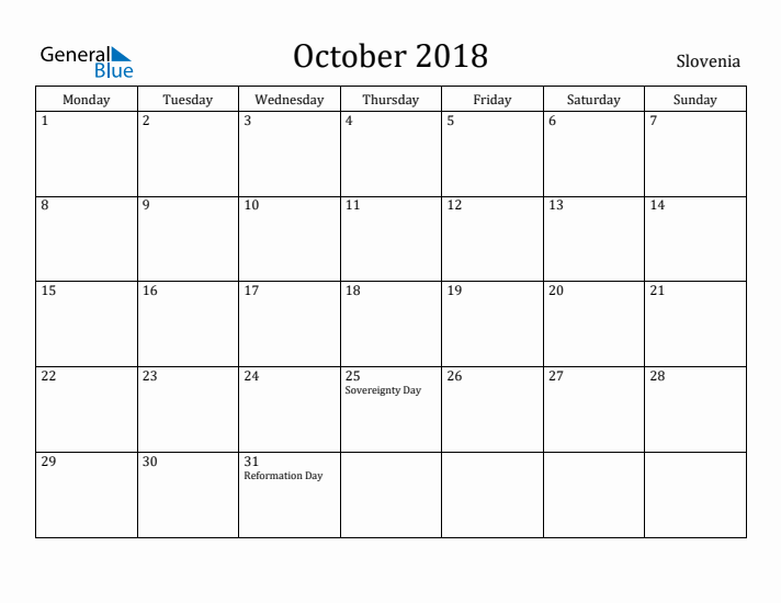 October 2018 Calendar Slovenia