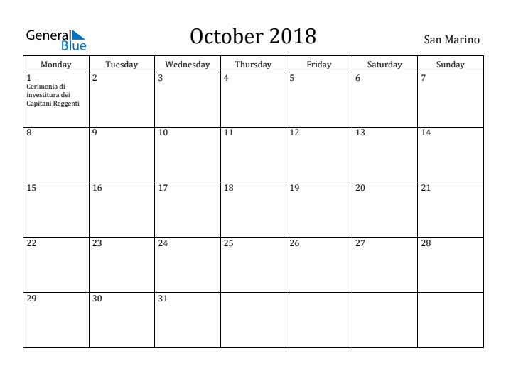 October 2018 Calendar San Marino