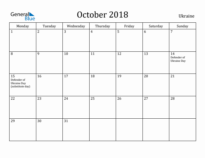 October 2018 Calendar Ukraine