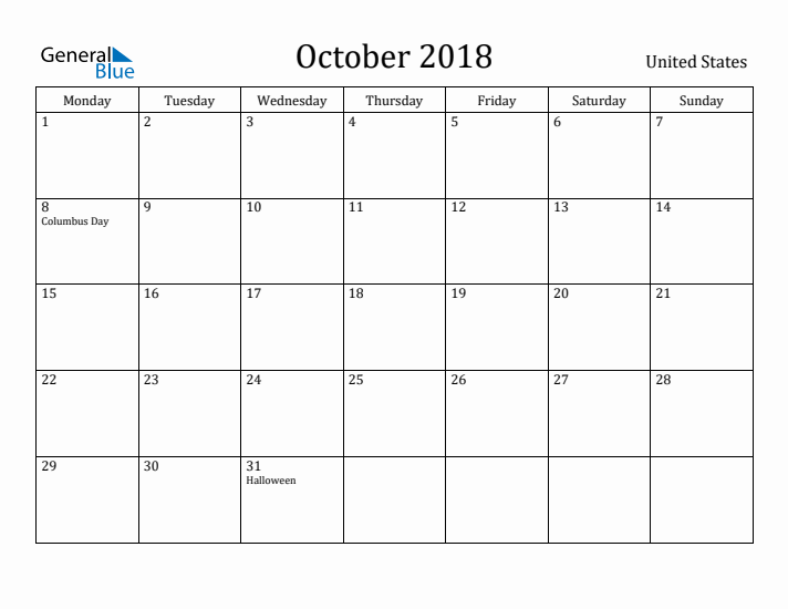 October 2018 Calendar United States
