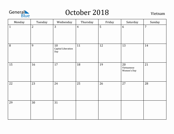 October 2018 Calendar Vietnam