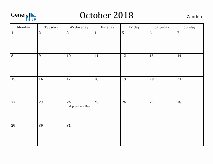 October 2018 Calendar Zambia