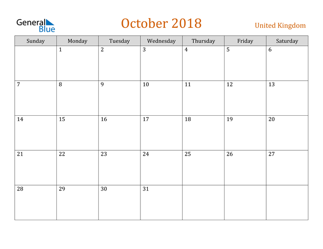 October 2018 Holiday Calendar