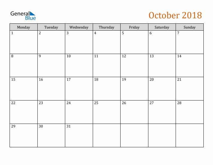 Editable October 2018 Calendar