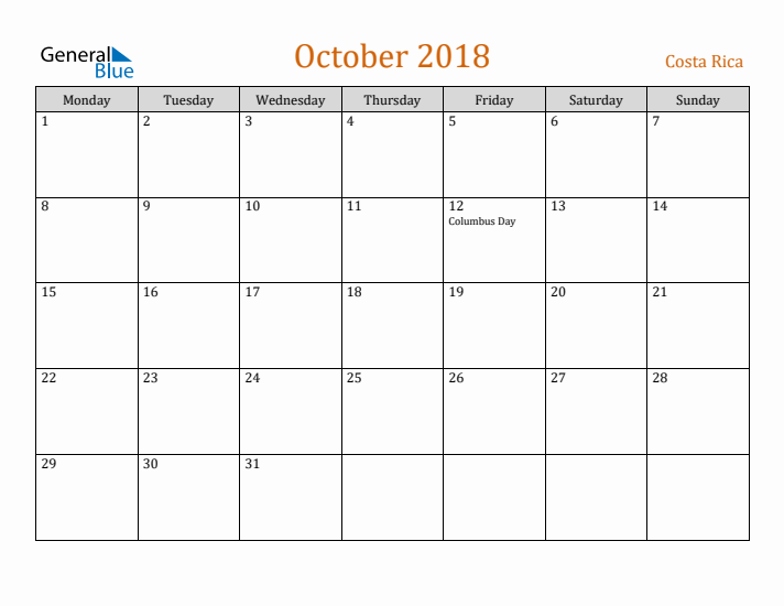 October 2018 Holiday Calendar with Monday Start