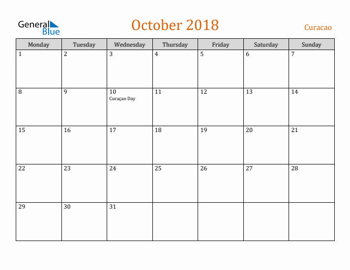 October 2018 Holiday Calendar with Monday Start