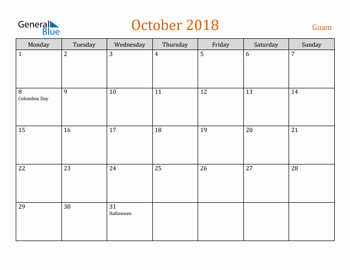 October 2018 Holiday Calendar with Monday Start