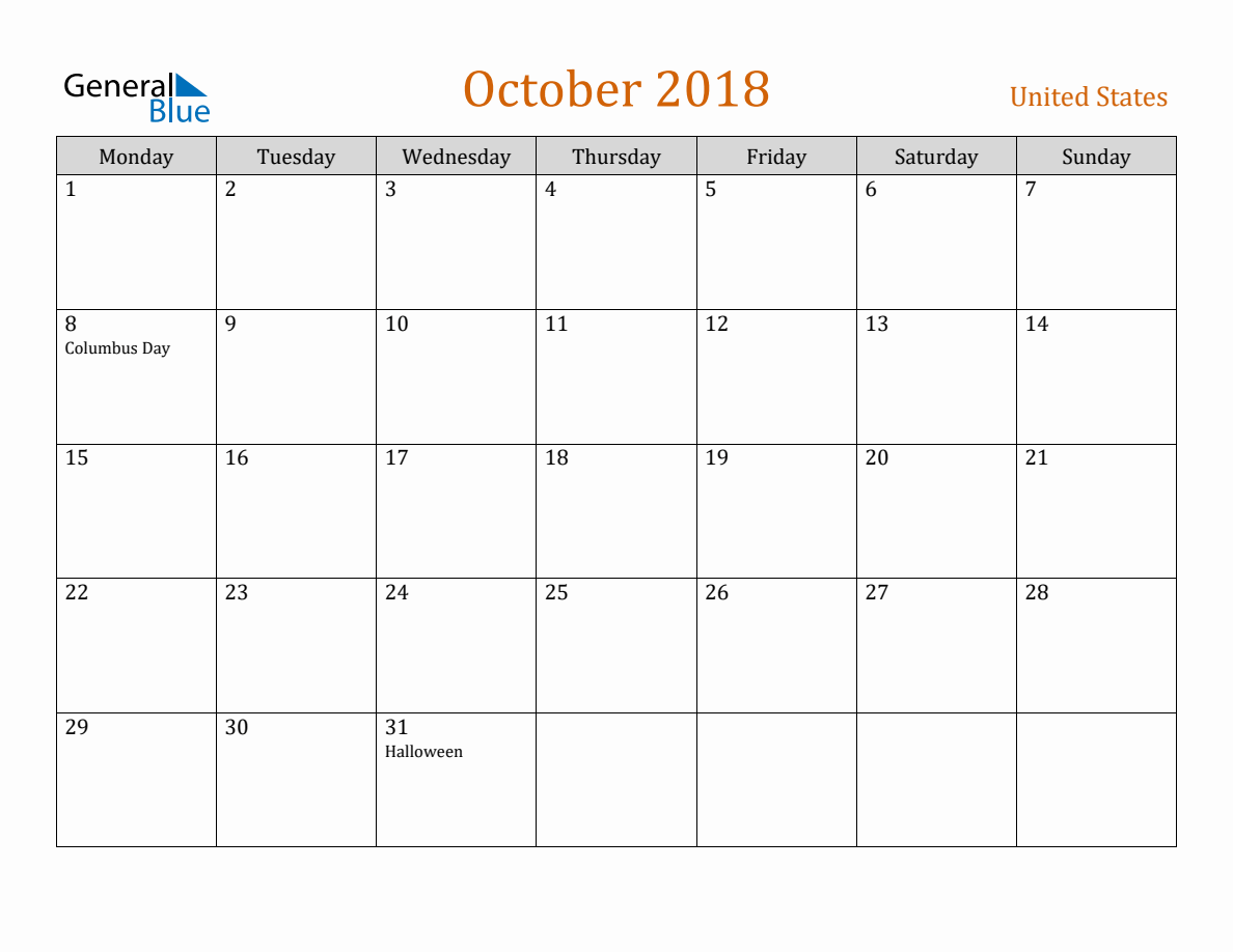 Free October 2018 United States Calendar