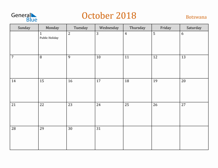 October 2018 Holiday Calendar with Sunday Start