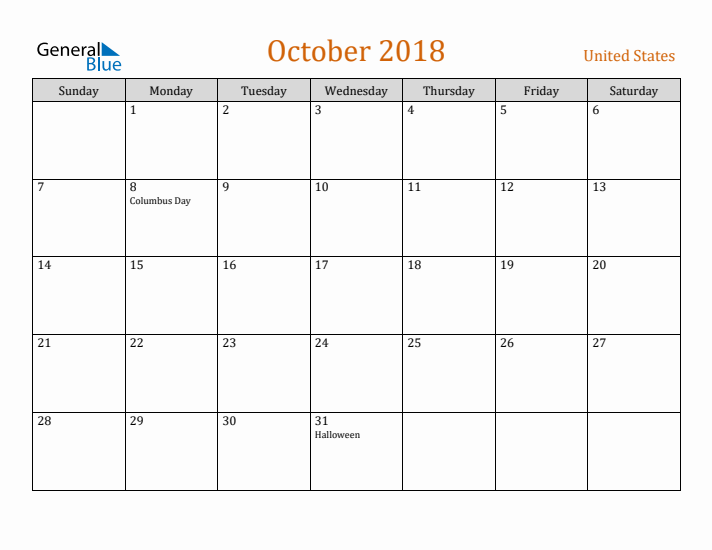 October 2018 Holiday Calendar with Sunday Start