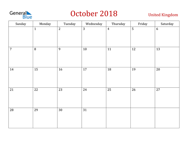 United Kingdom October 2018 Calendar