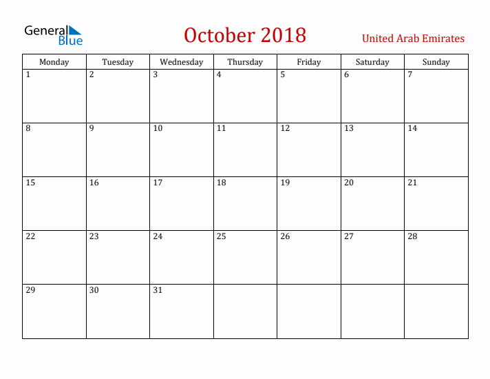 United Arab Emirates October 2018 Calendar - Monday Start