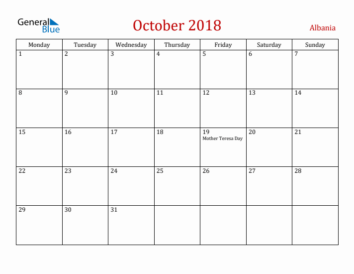 Albania October 2018 Calendar - Monday Start