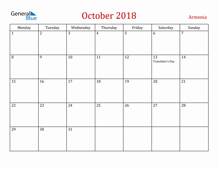 Armenia October 2018 Calendar - Monday Start