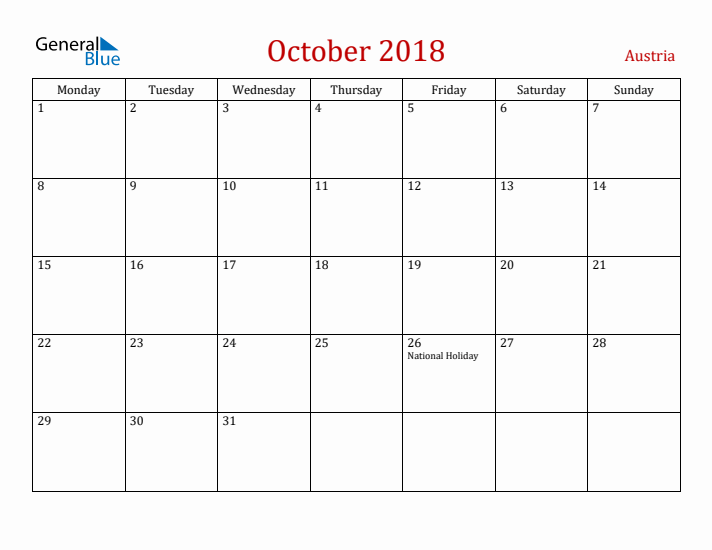 Austria October 2018 Calendar - Monday Start