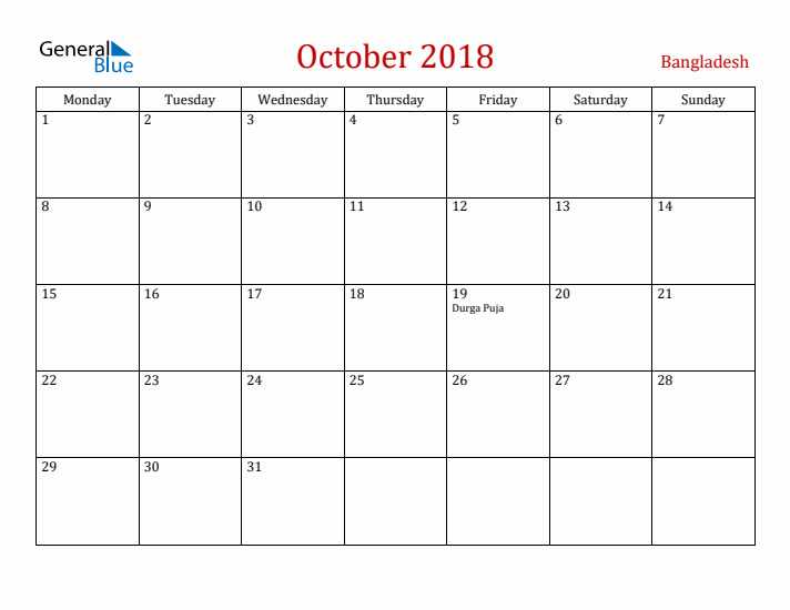 Bangladesh October 2018 Calendar - Monday Start