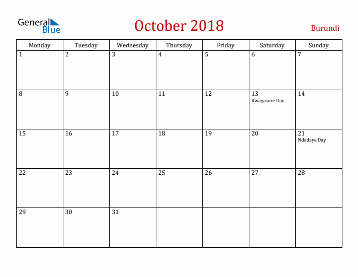 Burundi October 2018 Calendar - Monday Start