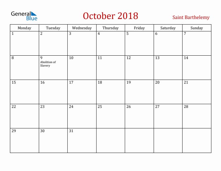 Saint Barthelemy October 2018 Calendar - Monday Start