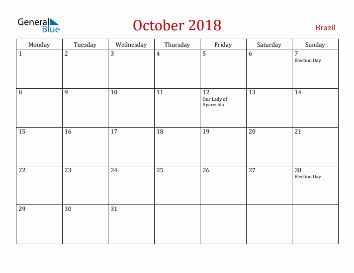 Brazil October 2018 Calendar - Monday Start