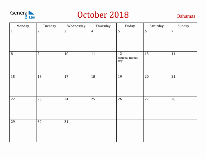 Bahamas October 2018 Calendar - Monday Start