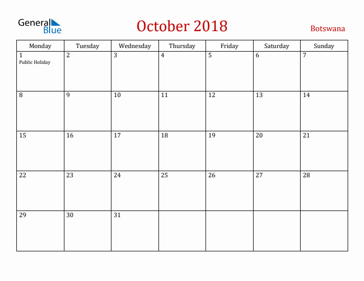 Botswana October 2018 Calendar - Monday Start