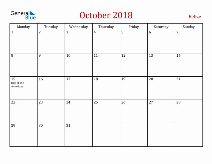 Belize October 2018 Calendar - Monday Start