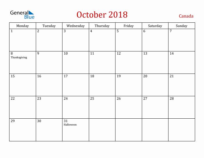 Canada October 2018 Calendar - Monday Start