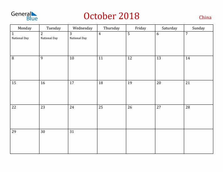 China October 2018 Calendar - Monday Start