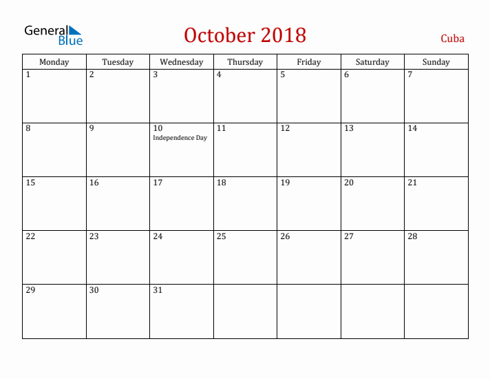 Cuba October 2018 Calendar - Monday Start
